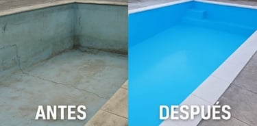 Muro de piscina antes y después del plastificado EA masterplas, eliminando rajaduras profundas.