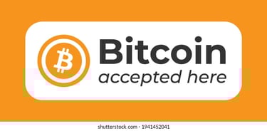Bitcoin accepted here sign with orange cryptocurrency logo for digital payment methods.