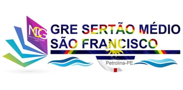 Logo for GRE Sertão Médio São Francisco Petrolina-PE with colorful geometric graphics and blue wave symbols.