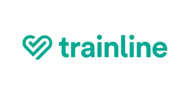 Official Trainline logo featuring a mint green heart icon and wordmark on a black background.