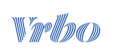 Official blue striped Vrbo logo for vacation rentals and travel bookings on a black background.