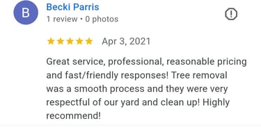 review from dm tree customer from Overland Park Kansas. reasonable pricing