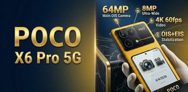 POCO X6 Pro 5G with 64MP OIS camera, 4K 60fps video, and OIS+EIS stabilization features shown on a yellow smartphone.