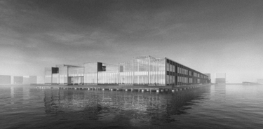 Black and white architectural rendering of a modern glass building on a waterfront pier 6