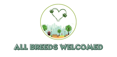 Julia's Pet Pal website element circle with a park and heart in the sky and text saying 'all breeds welcomed'