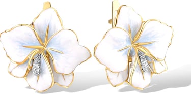 Prom Accessories Idea: 10K Yellow Solid Gold Enamel Flower Earrings. Genuine Diamond. Santuzza