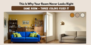 color scheme for living room before and after showing three color rule versus too many colors.