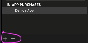 Imagen fichero de configuración de StoreKit de Xcode con botón para agregar in-app purchases