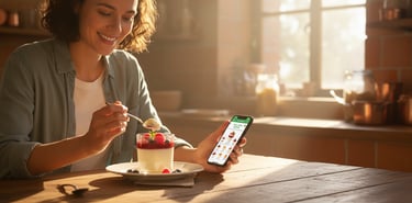 Person genießt Panna Cotta bewusst und achtet auf Kalorien – gesunder Lebensstil mit Genussmoment.