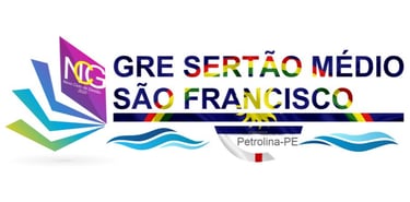 Logo for GRE Sertão Médio São Francisco Petrolina-PE with colorful geometric graphics and blue wave symbols.