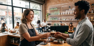 Empreendedor sorrindo e focando no atendimento ao cliente enquanto sua gestão financeira é feita de forma automática