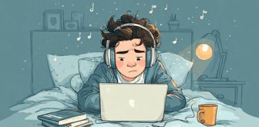 a man in headphones and headphones is sitting in bed