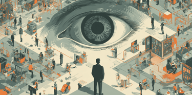 a man standing in front of a large eye looking at a large eye