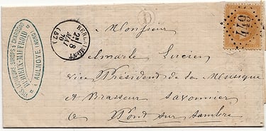 Letter up to 10 g franked at 10 c from AULNOYE (letter-stamp D) to PONT SUR SAMBRE