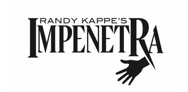 Black and white logo for Randy Kappe's Impenetra magic show featuring a hand reaching through typography.