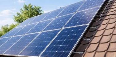 Residential rooftop solar panels installed on a brown tiled roof for renewable energy.