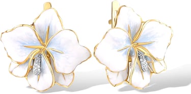 Prom Accessories Idea: 10K Yellow Solid Gold Enamel Flower Earrings. Genuine Diamond. Santuzza