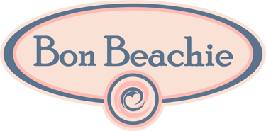 Bon Beachie logo featuring blue serif text inside a pink and blue oval frame with a spiral wave icon.