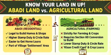 legal difference between abadi land and agricultural land in up