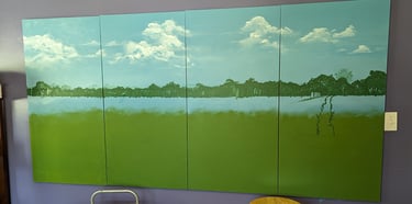 Single point perspective along a four stretched canvas panel series using vista horizon line of trees and Florida foliage.