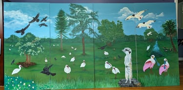 Four panel stretched canvas painting in bright colors of Florida wildlife and one cute meerkat standing on a stump.