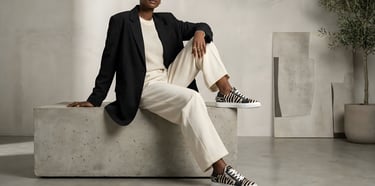 A woman wearing a black oversized blazer, cream trousers, and zebra print sneakers sitting on a concrete bench.