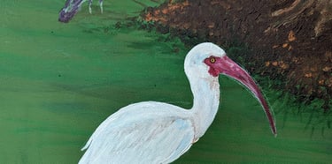Work-in-Progress WIP acrylic painting of an ibis, and crow.