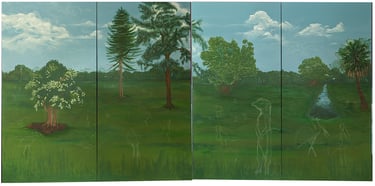 Nature painting setting of white fluffy clouds, and open field and Florida forest with sketches of animals to be painted in.