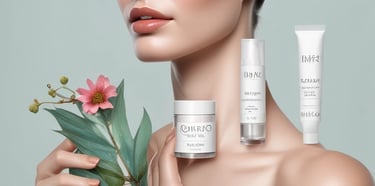 A collection of cosmetic and skincare products laid out on a white surface. These include facial masks, creams, and serums from various brands. The items are casually arranged, with some still in their packaging. The scene includes both rectangular and cylindrical packages with colorful labels.