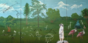 Digital doodling of a painting's layout and ideas using Procreate and a photo of the painting in progress.