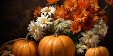 a bunch of flowers and pumpkins in a vase