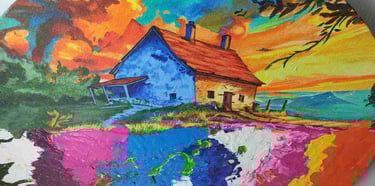 "Handmade circular painting of Earth with house, trees, and flying birds-Export-oriented"