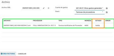 estado de la importación