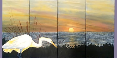 Four panel canvas mural of a showy Egret hunting along the intercoastal of Clearwater, Florida. 