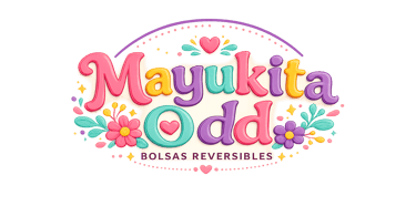 Colorido logotipo de Mayukita Odd para bolsos reversibles, con motivos florales y divertidas letras