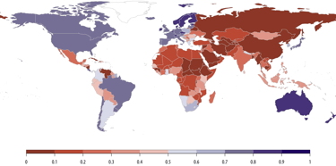 Pasaulio žemėlapis raudonuoja su keliais mėlynais lopinėliais Europoje ir kitur.