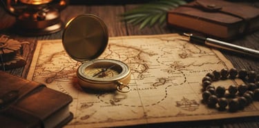 Vintage brass compass on an old world map with a lit lantern, leather journal, and fountain pen.