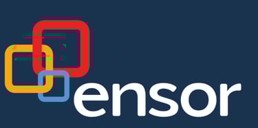 Sensor logo with overlapping red, yellow, and blue squares on a dark blue background.