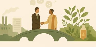Flat-style digital illustration of a European and Indian professional shaking hands on a bridge that