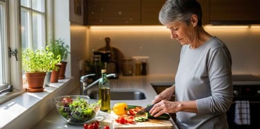 Cena tranquila de pessoa de 65 anos na cozinha preparando almoço nutritivo sob luz natural suave, transmitindo serenidade.