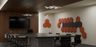 Hexagon acoustic panels in a office meeting room for echo reduction