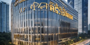 a building with a large glass building with a sign that says pizza