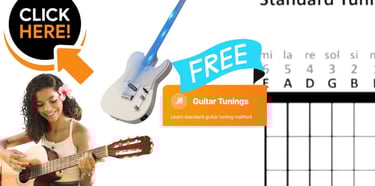 Girl playing acoustic guitar with standard guitar tuning chart and free lesson graphics.
