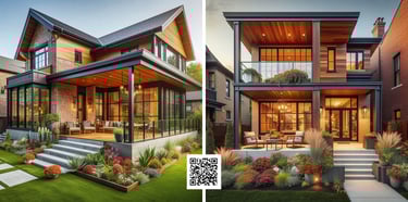 transitional house, brick, woood siding, metal columns, glass railing, porch, renovation