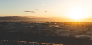 a contrasty and frosty lanscape being illuminated by a golden sunrise