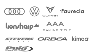 Collection of corporate logos including Audi, Volkswagen, Cupra, and Orbea on a black background.