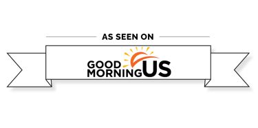 As seen on Good Morning US logo featuring a sun icon inside a white banner ribbon.