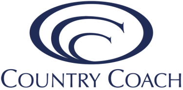 Official Country Coach motorhome logo featuring blue oval emblems on a black background.