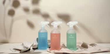 Super Sanitation cleaning bottles of cleaners and a cloth