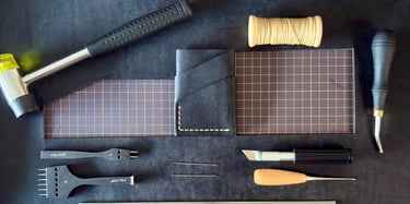 Leather Crafting tools. Tools used to make Wrap Leather Wallet
